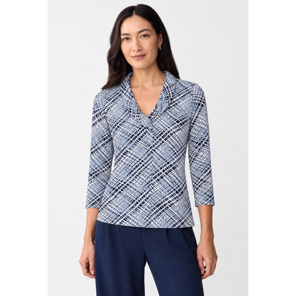J.McLaughlin Durham Catalina Cloth Blue Geometric V-Neck Ruffle Top Size Small
